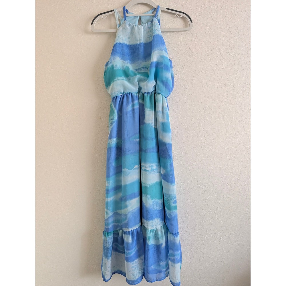 Lots of Love by Speechless Girls Blue Watercolor Halter Maxi Dress Size 12